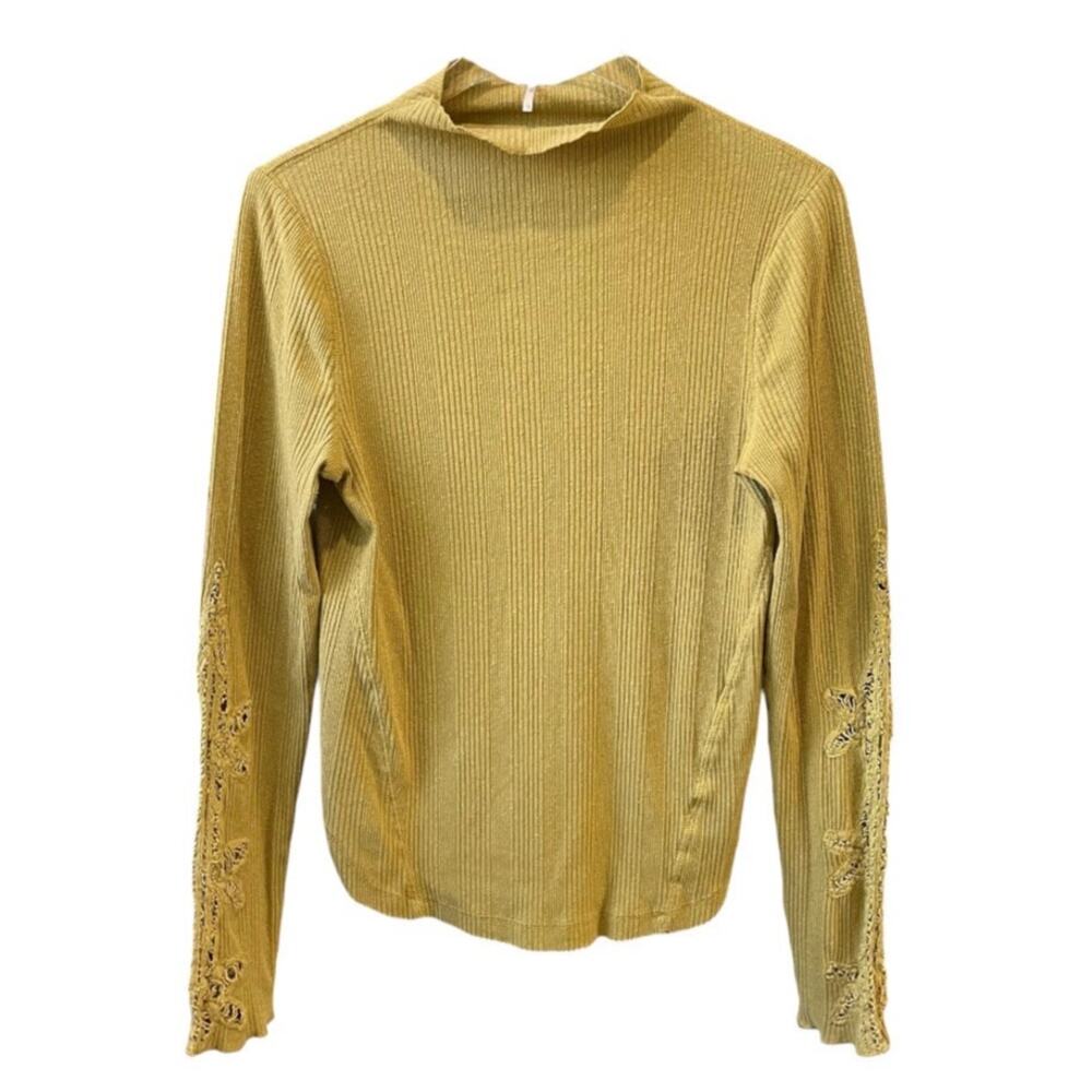 Free People Ribbed Mock Neck Top with Crochet Sleeve Detail (Size L)
